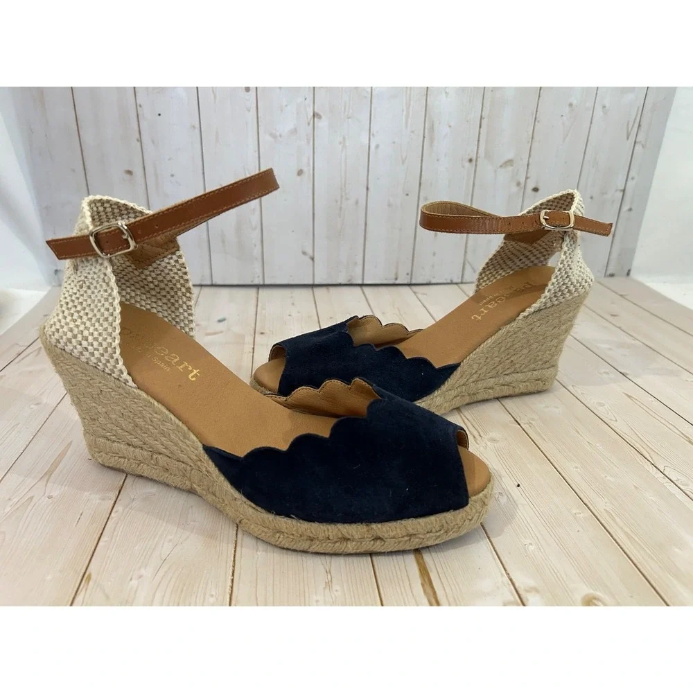 Paseart Blue Leather Suede Espadrille Wedge Sandals Womens Size 39 Slingback